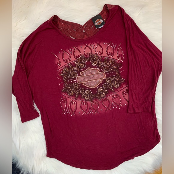 Harley Davidson Women’s Embellished Cabernet Lace Detail Shirt Size Large - Picture 7 of 7